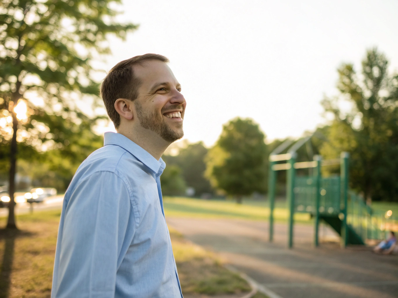 Healthy mature father enjoying deliberate family presence outdoors